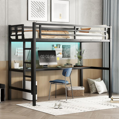 Bellemave Loft Bed Twin XL Size with Desk, LED Lights,Charging Station, Twin XL Metal Loft Bed Frame, Twin XL loft Bed for Adults, Kids, Teens, Twin XL, Black