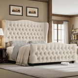 Keyluv Full Size 54.3” Tall Platform Bed Frame with Deep Button Tufted Wingback Headboard and Footboard, Velvet Upholstered Bed Frame with Handmade Pleats, No Box Spring Needed, Beige/Cream Keyluv