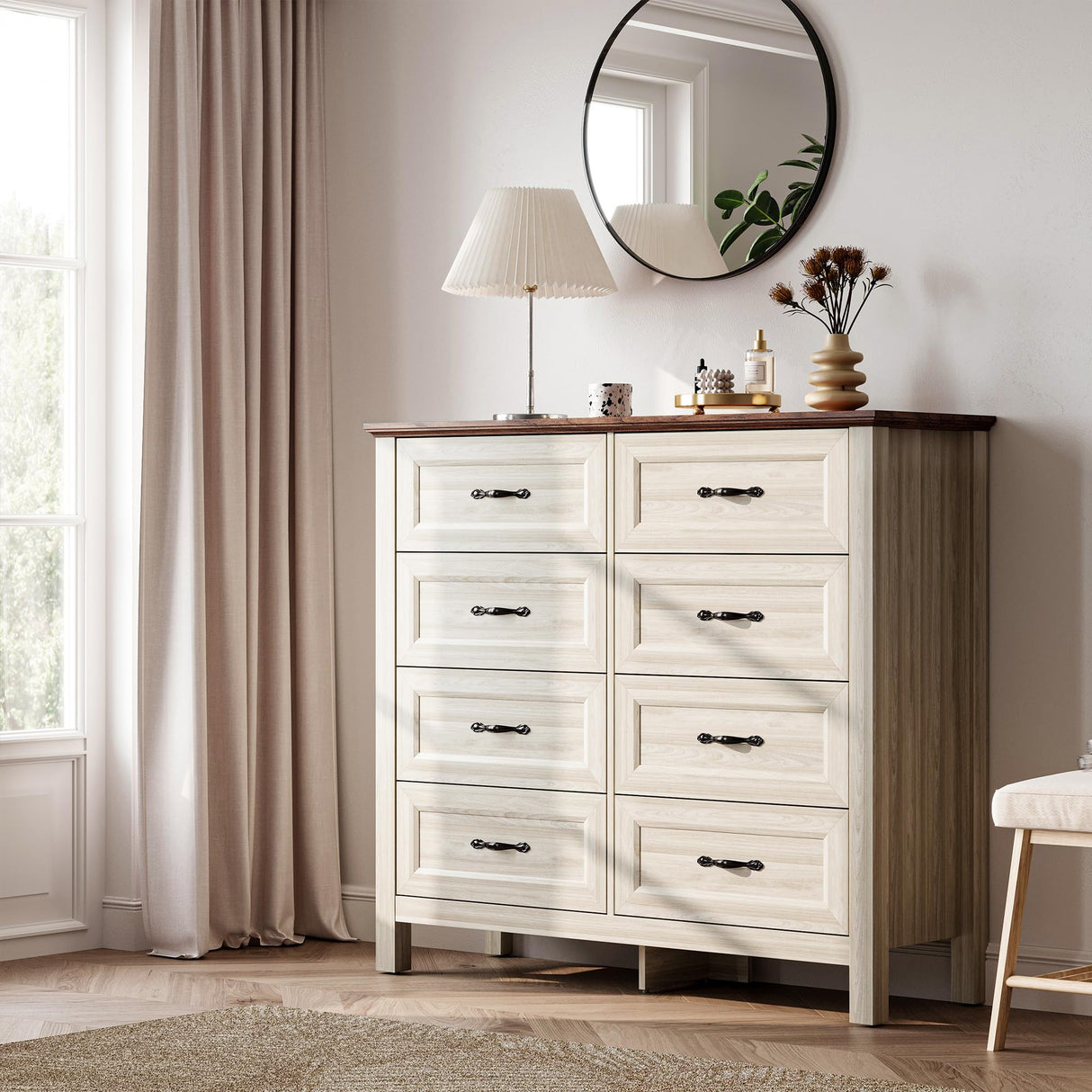 LINSY HOME Dresser for Bedroom with 8 Drawers, Updated Wide Chest of Drawers, Modern Farmhouse Bedroom Tall Dresser with Storage Organizer, Wooden Dressers for Living Room, Beige LINSY HOME