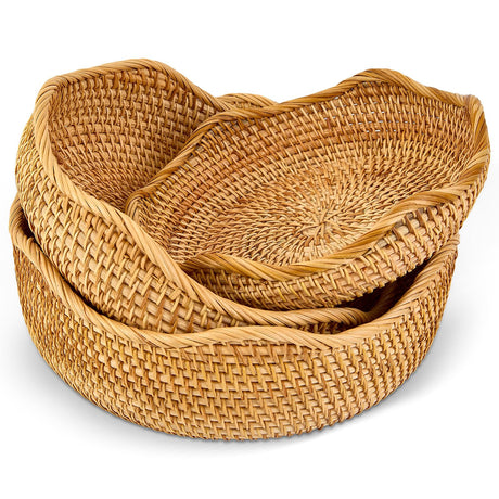 3 Pack Natural Rattan Round Fruit Basket Bowls,Rattan Bread Basket,Woven Serving Basket Bowls,Organizing Handmade Rattan Storage Baskets for Kitchen, Home, set of 3 Size JINSHIYANG