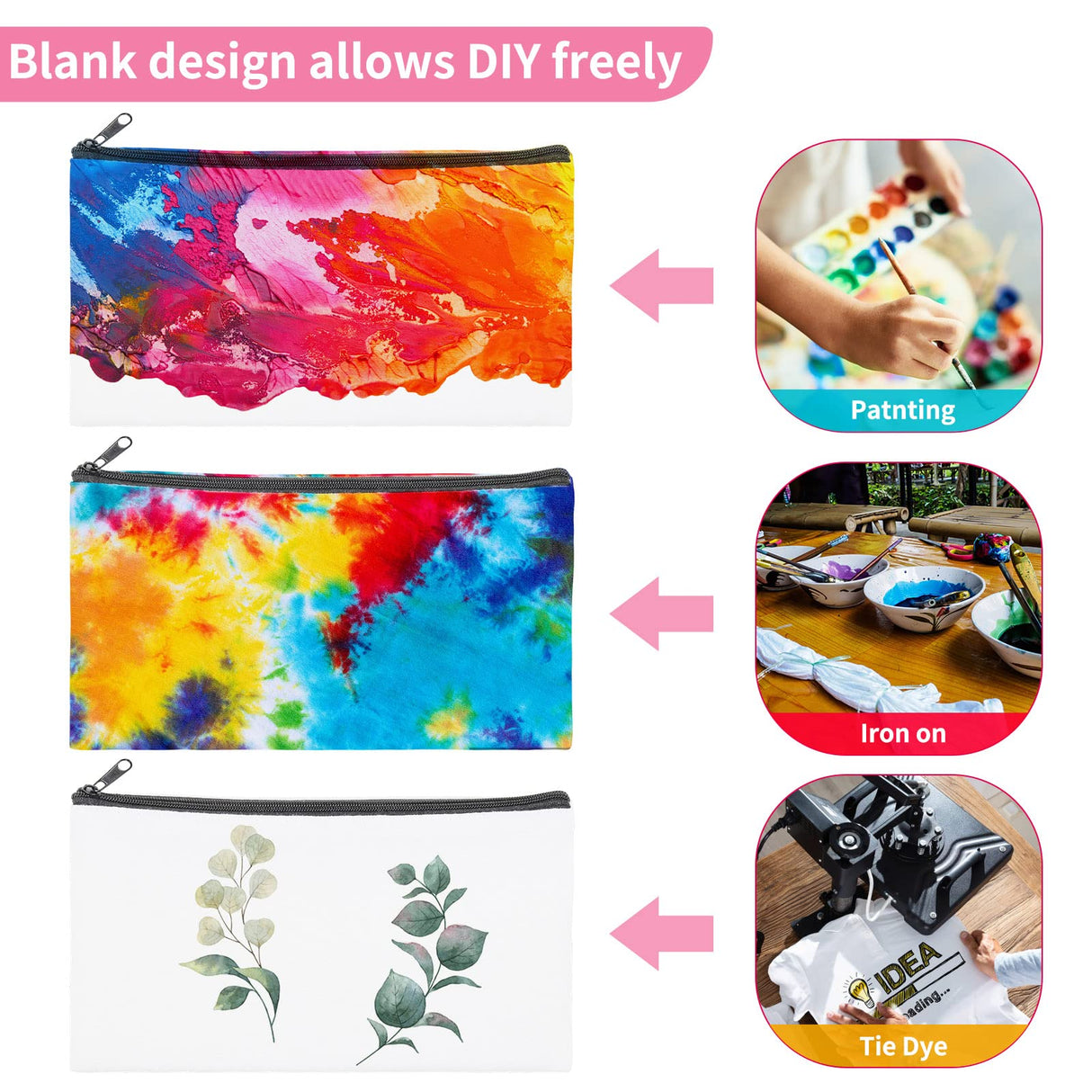 12 Pieces Cosmetic Bags Multipurpose Sublimation Blanks DIY Heat Transfer Makeup Bags Iron on Transfer Zipper Canvas Pouch Toiletry Pouch Pencil Bag for Travel DIY Craft School HOUSWEETY