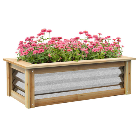 Outsunny Raised Garden Bed, Outdoor Planter Box, Galvanized Metal Reinforced with Wood, Stock Tank for Growing Flowers, Herbs and Vegetables Outsunny