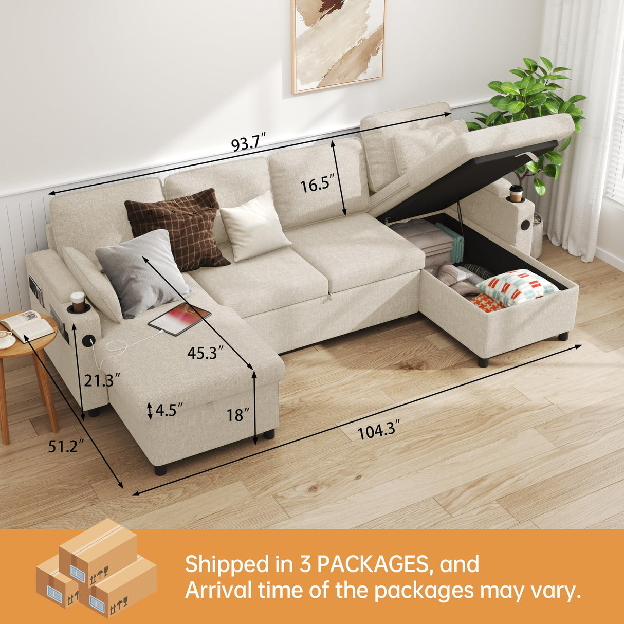 DURASPACE Sofa Bed Sleeper Sofa Pull Out Couch with Double Storage Chaise, Sectional for Living Room, U Shaped Couch with Removable Covers (Beige) DURASPACE