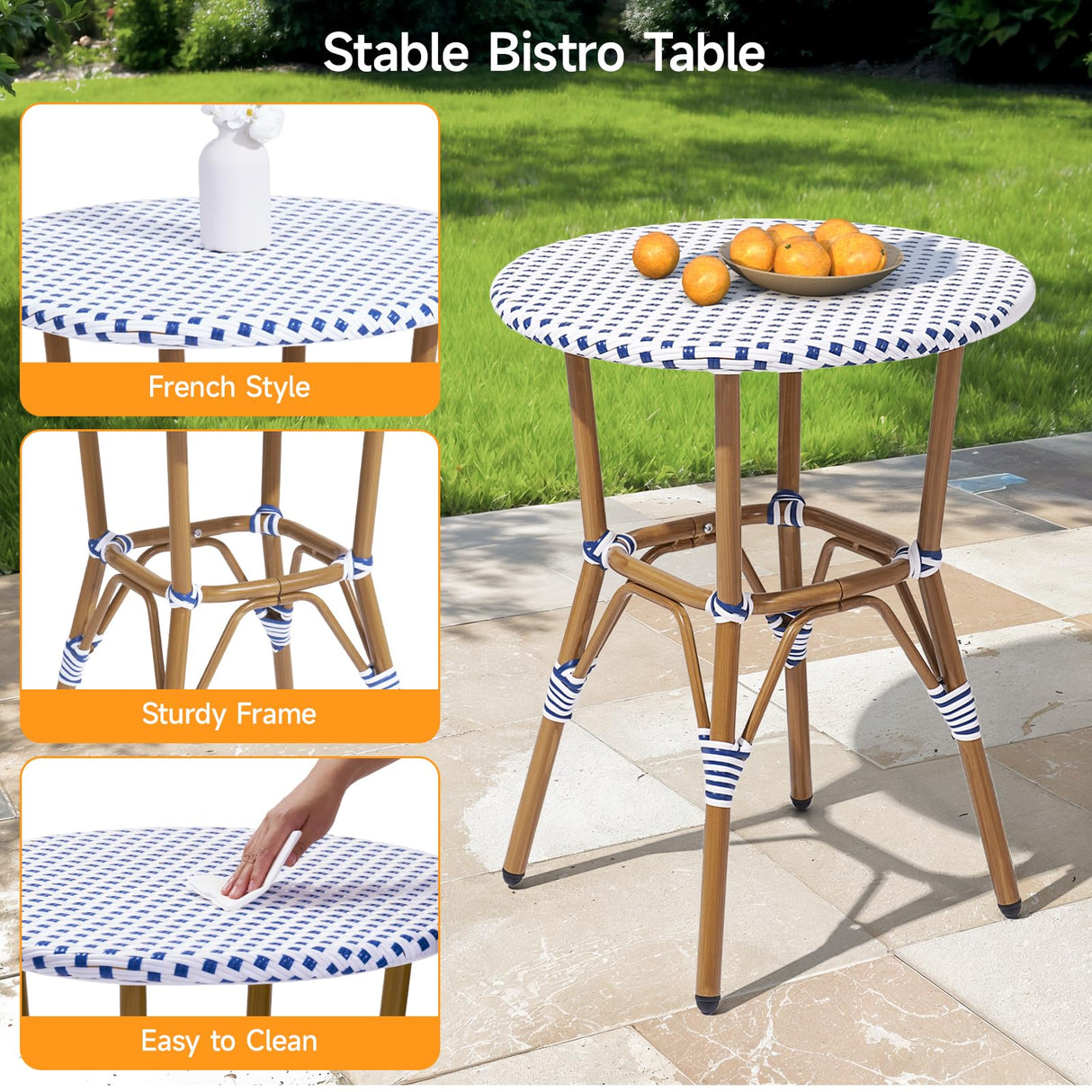 3 Piece French Wicker Bistro Set, Patio Bistro Set with Table and 2 Dining Chairs, All Weather ‎Outdoor ‎Bistro Set with Aluminum Frame, Outdoor Patio Set for Patio Porch Cafes Yard, Navy and White Dovov