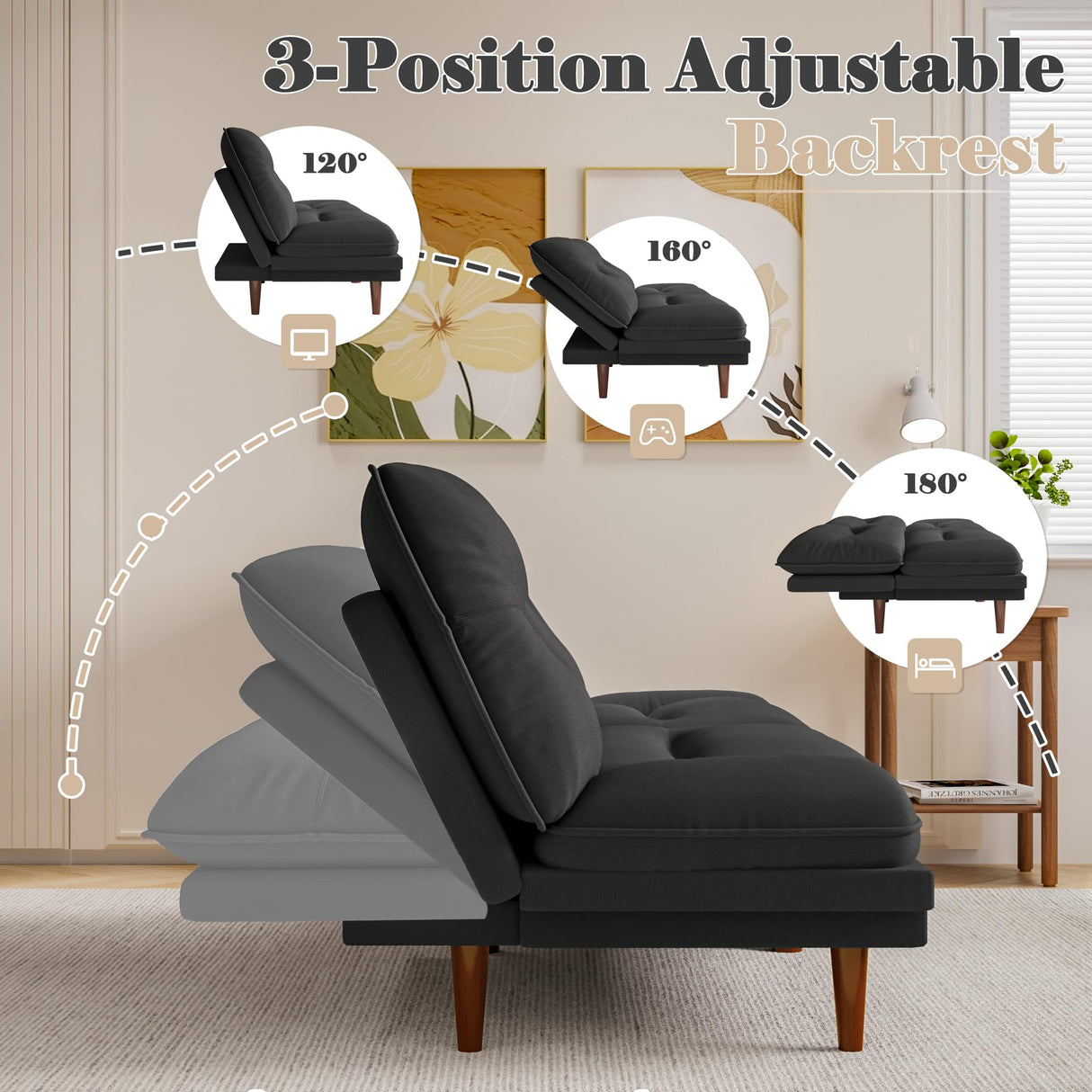 Homall Futon Sofa Bed, Modern Loveseat Futon Couch with Adjustable Backrest and Armrests, Sleeper Sofa Bed with Wood Frame for Living Room, Office, Apartment (Fabric, Black) Homall