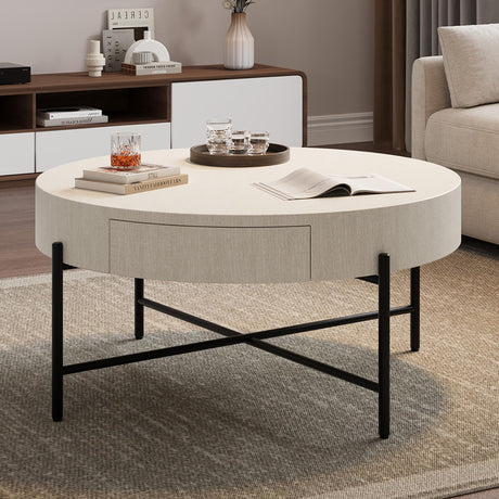 GarveeHome Round Coffee Table with Drawers Circle Living Room Table Wood Accent Coffee Table with Storage White Center Table GarveeHome