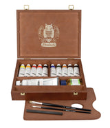 Schmincke - MUSSINI® Finest Resin Oil Colors Premium Wooden Box Oil Painting, 10 x 35 ml Set, 70 213 097, Walnut Tinted, White 150 ml Schmincke