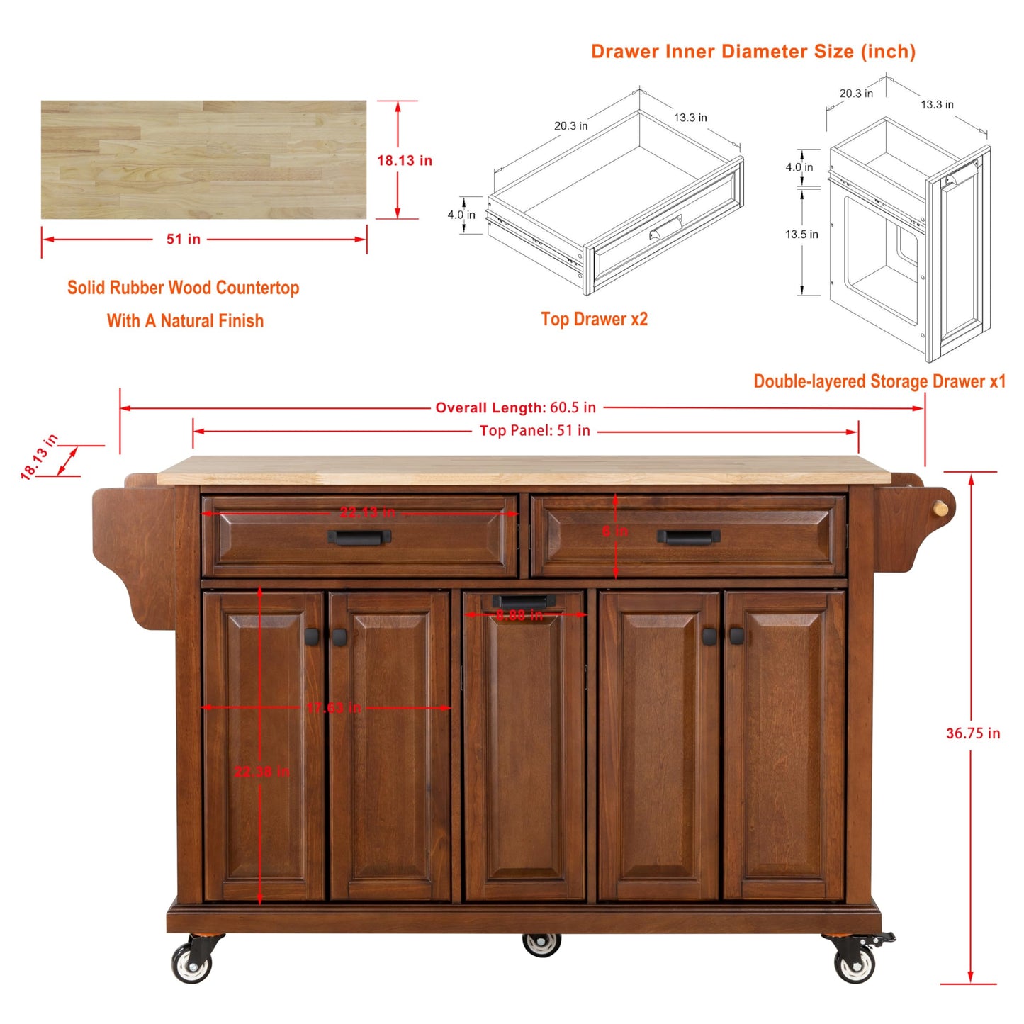 Cambridge Mobile Kitchen Island on Wheels with Storage and Wood top, Rolling Island with Spice Rack and Towel Holder, L60.5 x W18.13 x H36.75IN Island Table for Kitchen, (Mahogany)