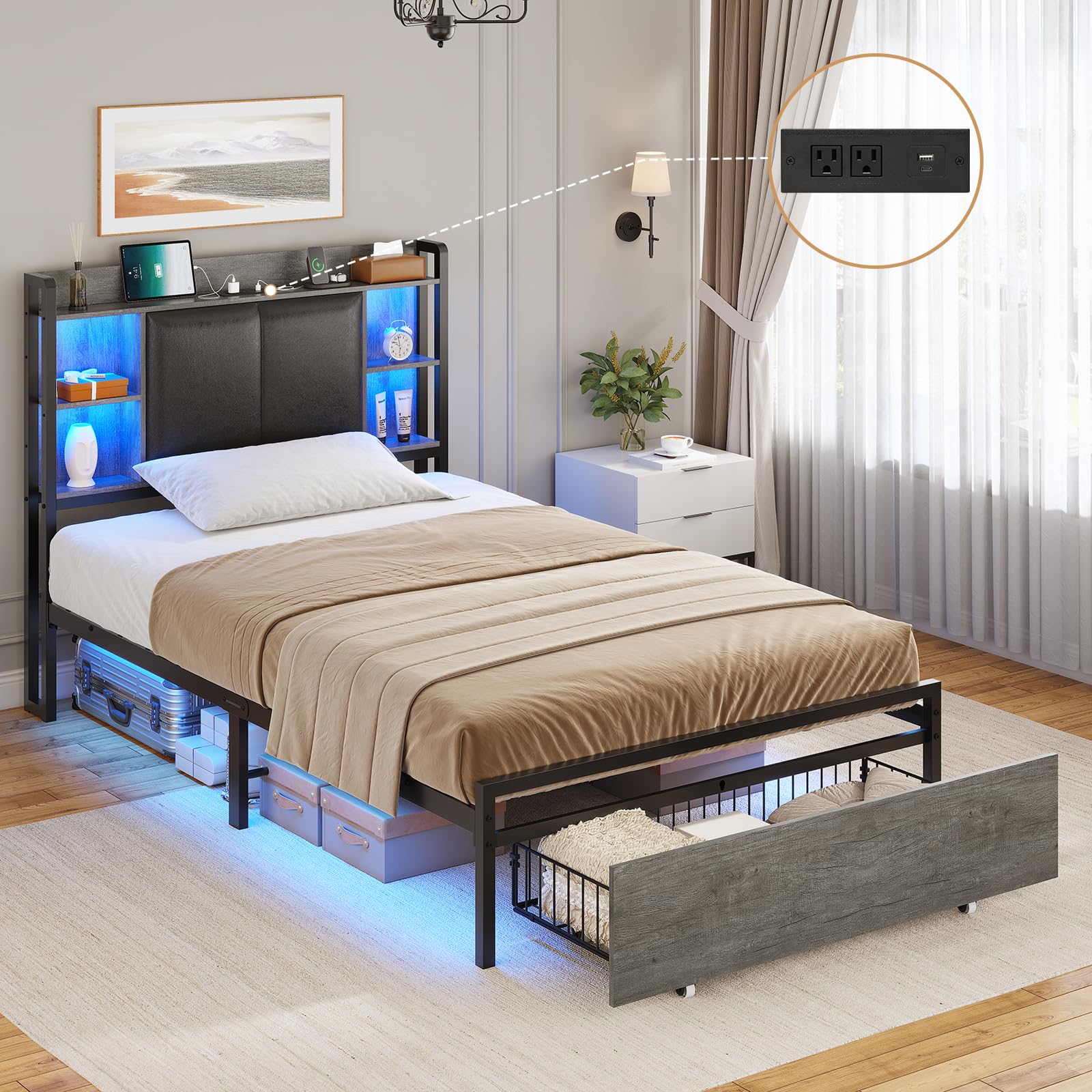 AOGLLATI Modern Twin Bed Frame with LED Lights, Storage Headboard and Drawers in Black Oak - WoodArtSupply