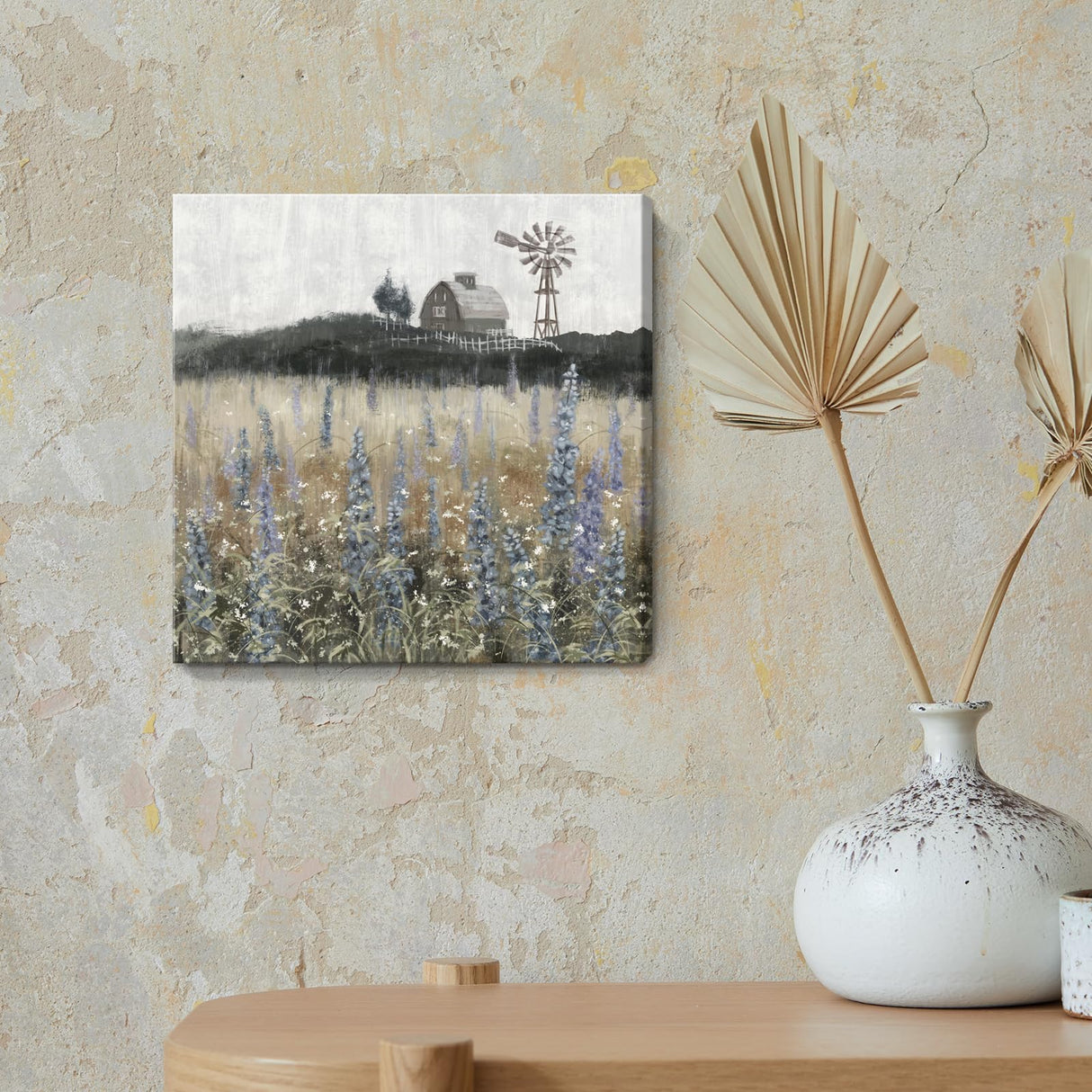 Bathroom Wall Art Vintage Farmhouse Canvas Print Retro Countryside Flower Field Nature Meadow Landscape Rustic Windmill Barn Picture Framed Artwork for Home Bedroom Living Room Black Purple 14x14inch Nicetop