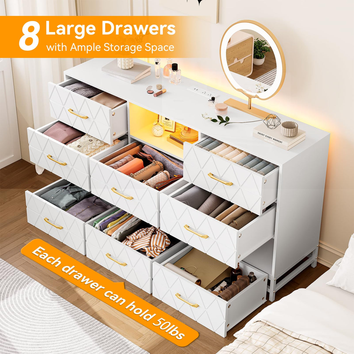 Patikuin 8 Deep Drawer White Dresser for Bedroom with Charging Station and LED Lights, 59" TV Dresser Wooden Large Long Dresser, Modern Chest of Drawers Storage Organizer for Closet, Living Room Patikuin