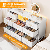 Patikuin 8 Deep Drawer White Dresser for Bedroom with Charging Station and LED Lights, 59" TV Dresser Wooden Large Long Dresser, Modern Chest of Drawers Storage Organizer for Closet, Living Room Patikuin