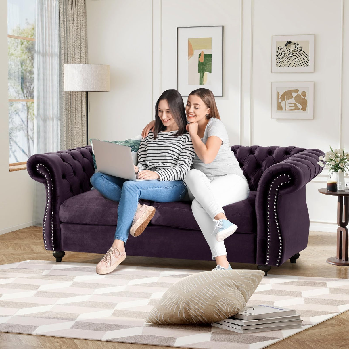 61"W Mid Century Modern Chesterfield Couch,Upholstered Velvet Loveseat Sofa with Button Tufted & Rolled Armrests,Comfy Deep Seat Sofa with Nailhead Trim & Gourd Legs for Living Room,Apartment(Purple) JEEOHEY