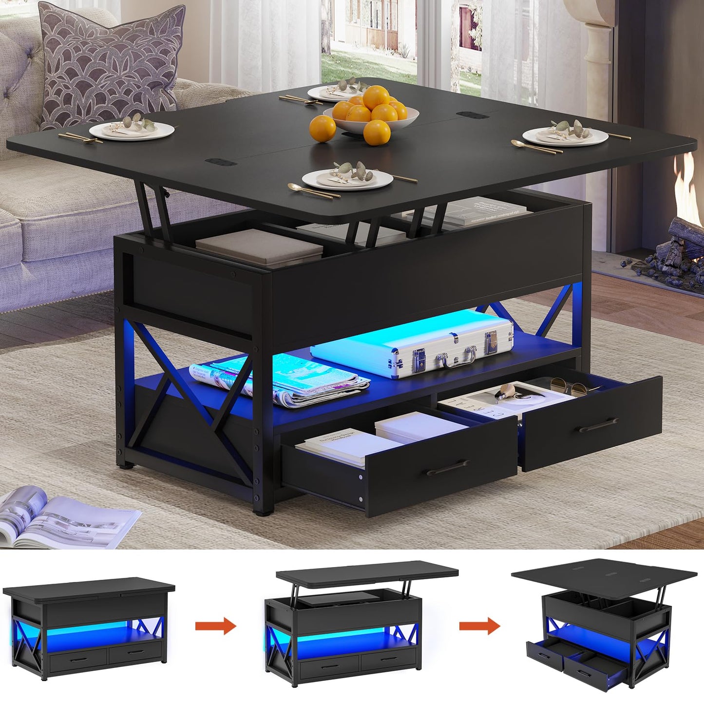 Itaar 40" Lift Top Coffee Table, 4 in 1 Coffee Tables with Storage for Living Room, Small Farmhouse Coffee Table with 2 Drawers & LED Light for Dining Reception Room, Black - WoodArtSupply