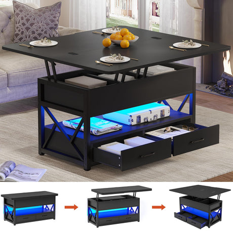 Itaar 40" Lift Top Coffee Table, 4 in 1 Coffee Tables with Storage for Living Room, Small Farmhouse Coffee Table with 2 Drawers & LED Light for Dining Reception Room, Black Itaar
