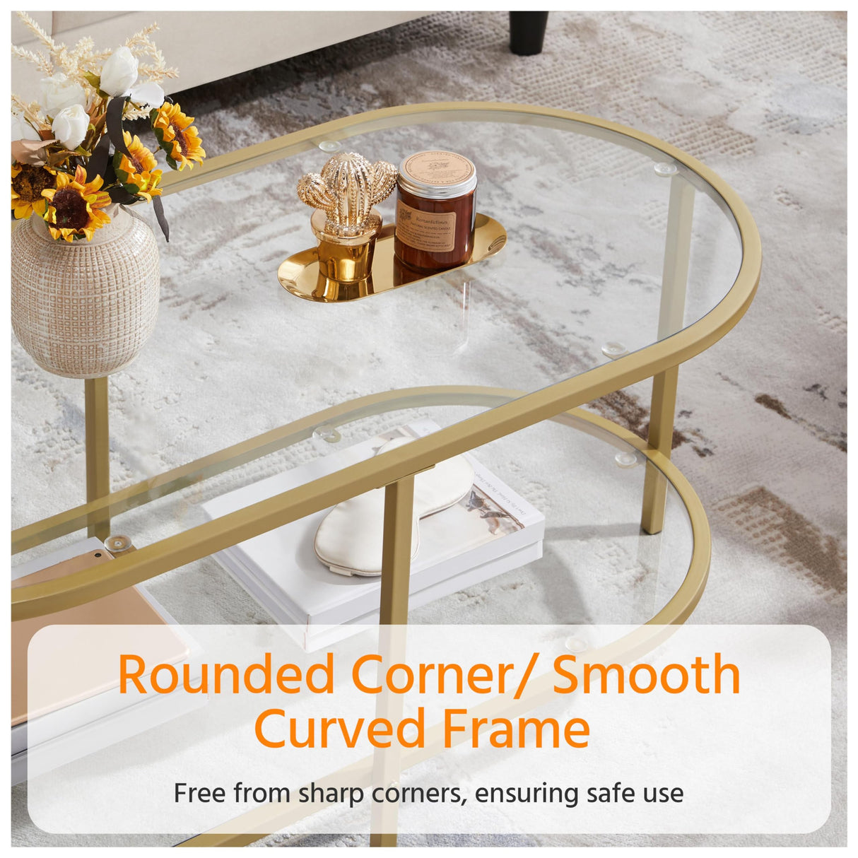 Yaheetech Gold Coffee Table, 42" Oval Glass Coffee Table for Living Room, 2-Tier Center Tea Table with Storage Shelf & Metal Frame for Small Space, Office Yaheetech