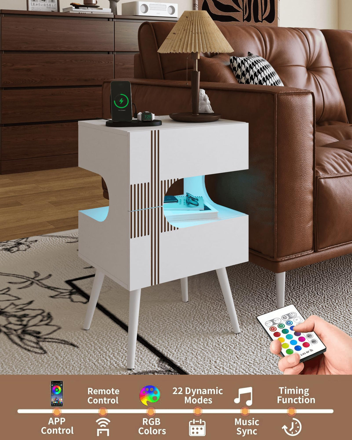 JOONEE White Nightstand with Charging Station and LED Lights,Modern Bedside Table with 2 Storage Drawer,Night Stand with Solid Wood Legs,White (White-2) JOONEE