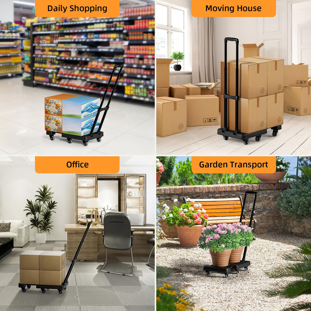 Folding Hand Truck, 500 LB Heavy Duty Luggage Cart, Utility Dolly Platform Cart with 6 Wheels & 2 Elastic Ropes for Luggage, Travel, Moving, Shopping, Office Use, Black TROOZY