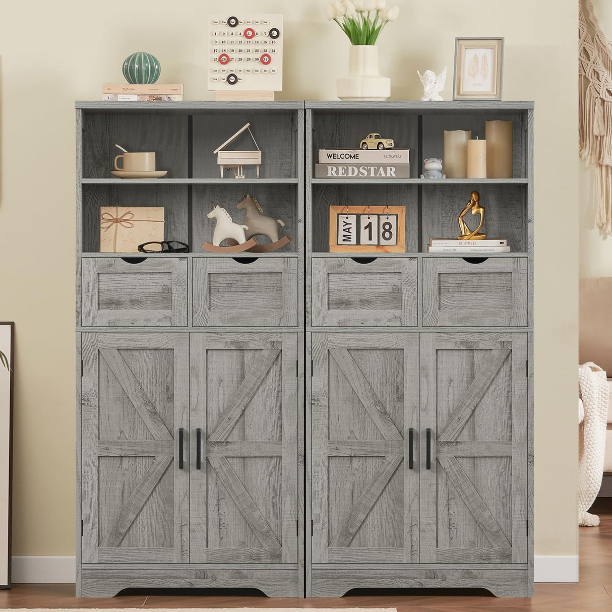TEENFON Farmhouse Storage Cabinet with Doors & 2 Drawers, Bathroom Cabinet with Adjustable Shelf, Cupboard for Living Room, Entryway, Home Office, Gray TEENFON