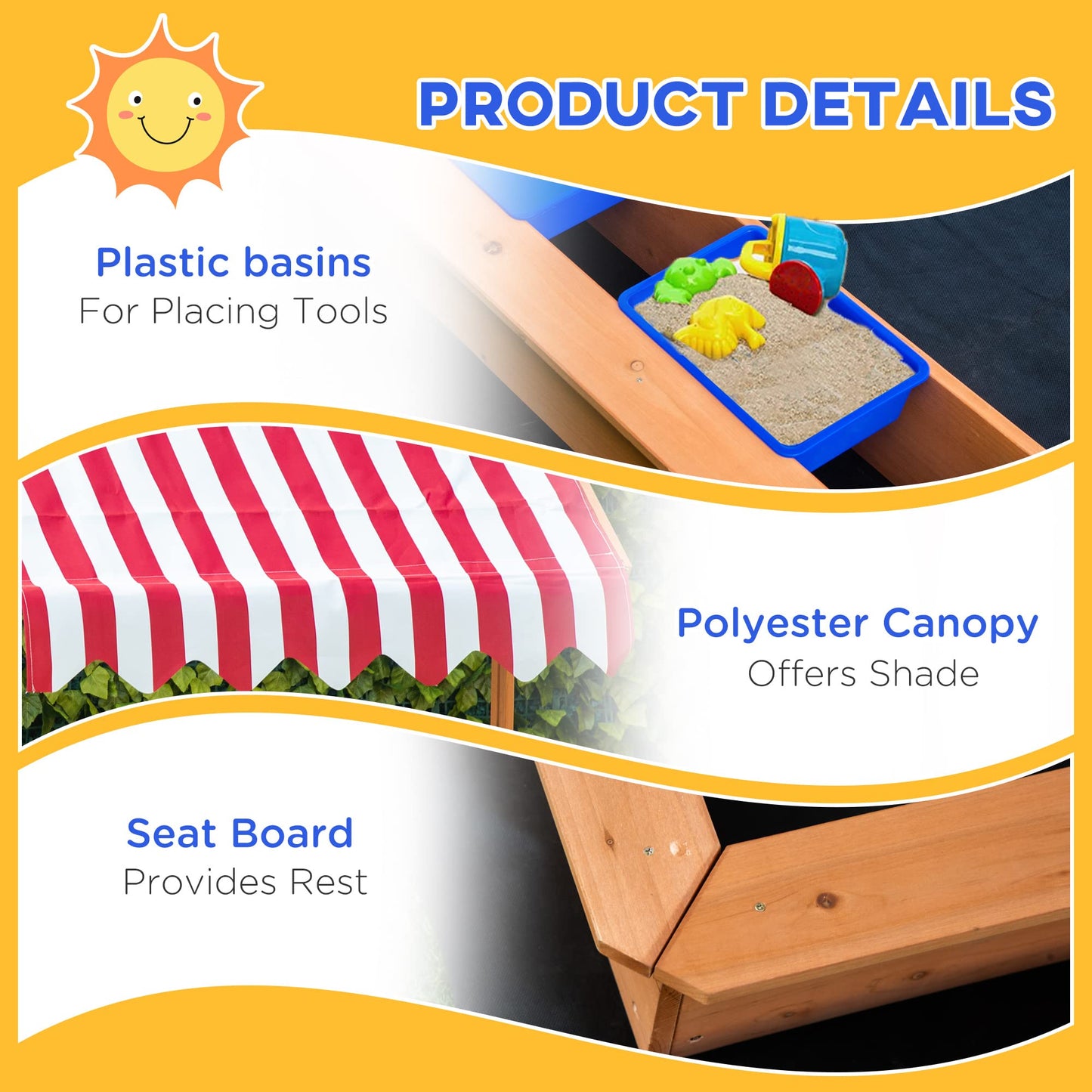 Outsunny Kids Wooden Sandbox with Adjustable Height Cover and Toy Bin Storage, Children Sand Play Station Outdoor,Bottom Liner, for Backyard, Ages 3-7