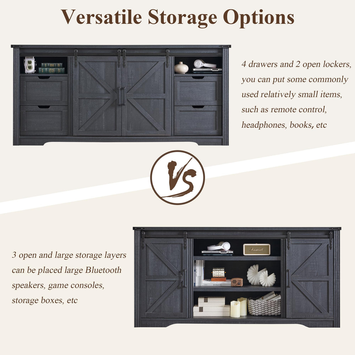 JXQTLINGMU Farmhouse TV Stand for 75+ Inch TV, 32" Tall Entertainment Center w/4 Drawers & Sliding Barn Door, Rustic Media Console w/Storage Shelves, 66" Wood Television Stand for Living Room, Black JXQTLINGMU