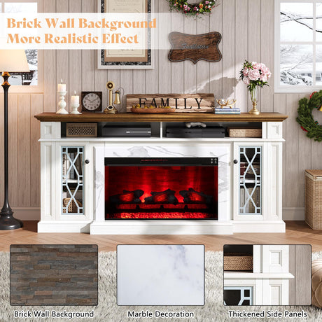 AMERLIFE 70" Farmhouse Heavy Fireplace TV Stand with 33" Electric Fireplace, for 80" TVs up, Media Entertainment Center with Diamond Door, TV Console Storage Cabinet for Living Room, White & Barnwood AMERLIFE