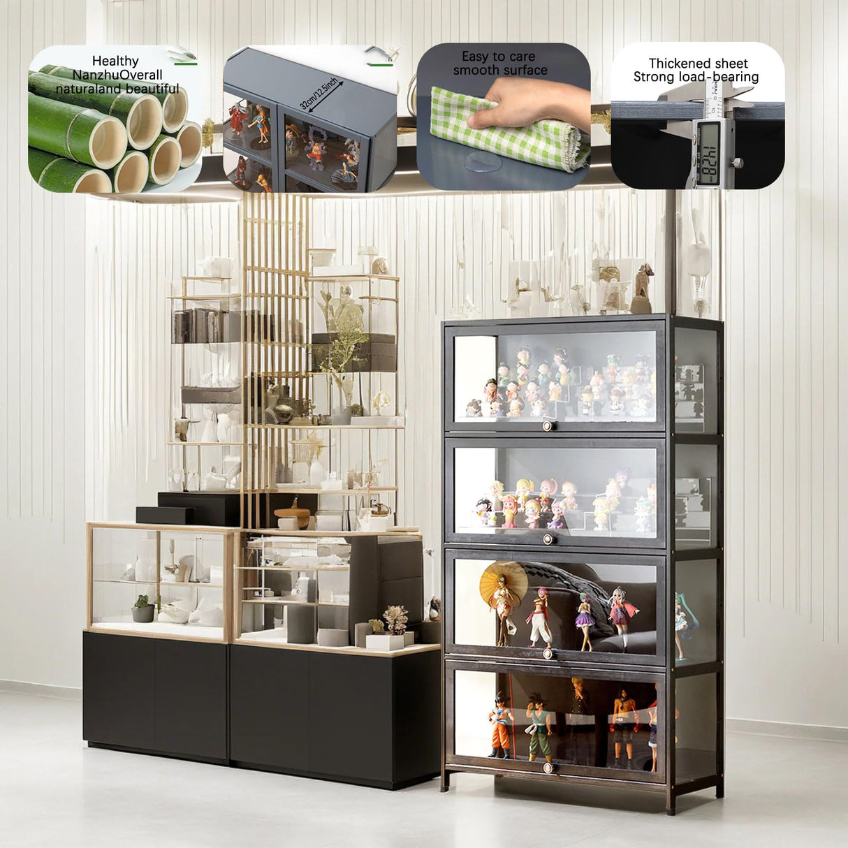 SAADHGG Small Display Cabinet with Acrylic Glass Doors, 4-Tier Curio Cabinet Figure Display Case Living Room Storage Cabinets with Doors and Shelves for Collectibles Toy,Gray,flip top Four Layer SAADHGG