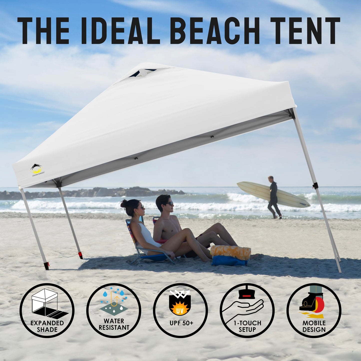 CROWN SHADES 10x10 Pop Up Canopy - Beach Tent with One Push Setup - Outdoor Canopy Tent with STO-N-Go Cover Bag for Events, Parties, Silver Coated Top, 3 Height & 4 Sand Bags, White