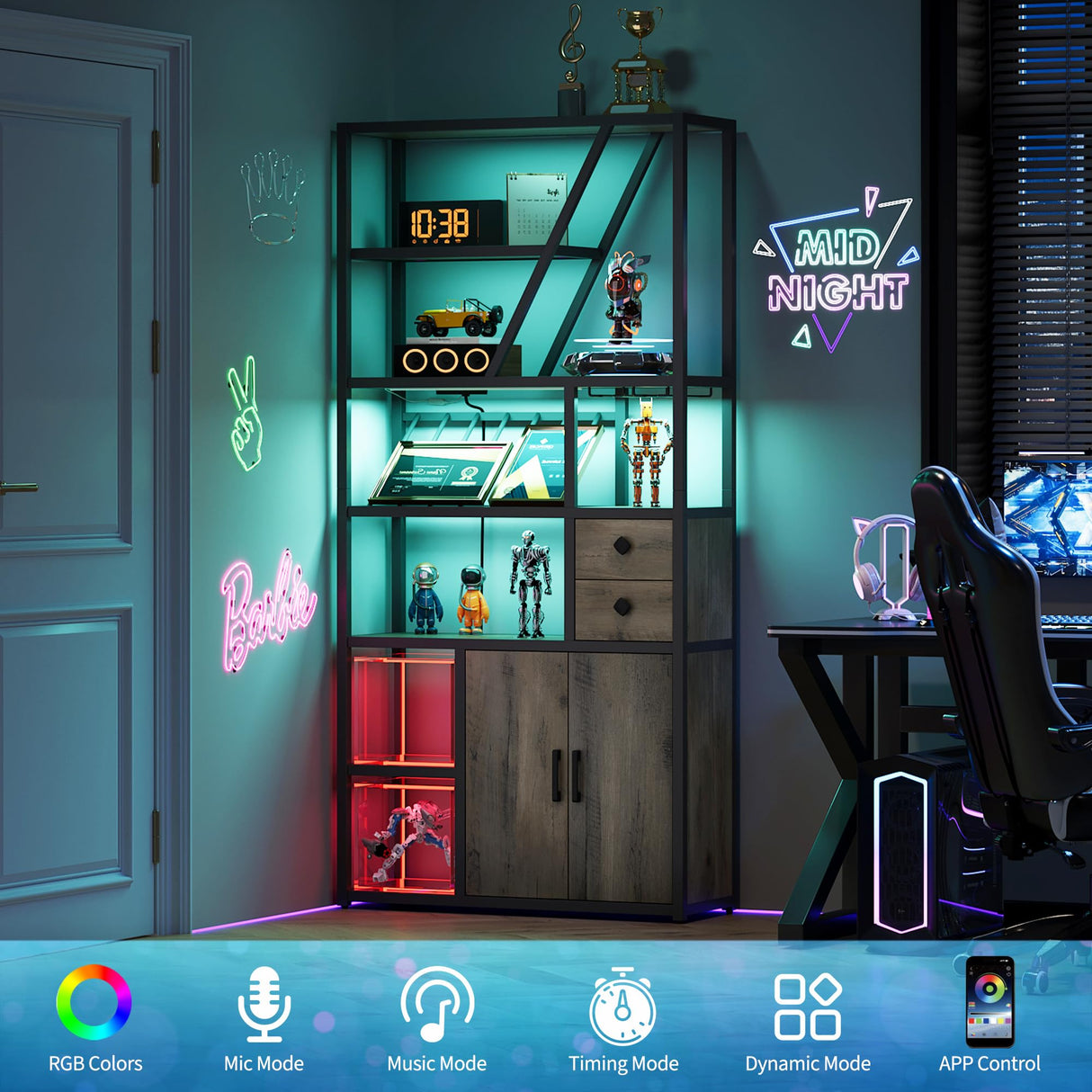 Wine Bar Cabinet with LED Lights and Power Outlets – Tall Coffee Bar Station with Wine Rack, Kitchen Microwave Stand and Bakers Rack – Stylish Cabinet for Living Room, Home, Dining Room, Grey GAOMON