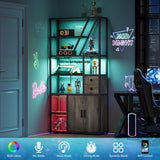 Wine Bar Cabinet with LED Lights and Power Outlets – Tall Coffee Bar Station with Wine Rack, Kitchen Microwave Stand and Bakers Rack – Stylish Cabinet for Living Room, Home, Dining Room, Grey GAOMON