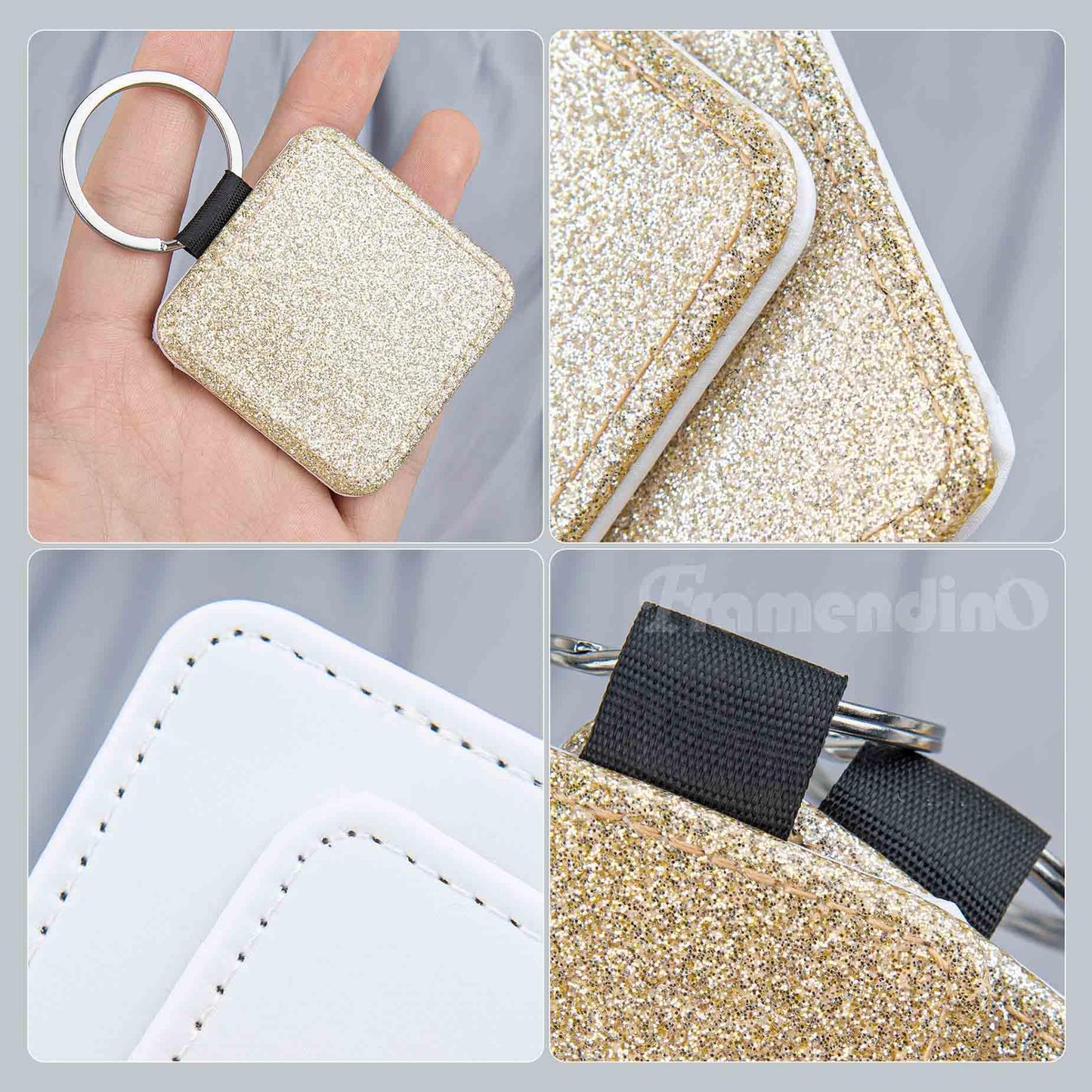 Framendino, 16 Pack Sublimation Blank Keychain Glitter PU Leather Square Rectangle Heat Transfer Key Chain for DIY Craft Making(Gold)