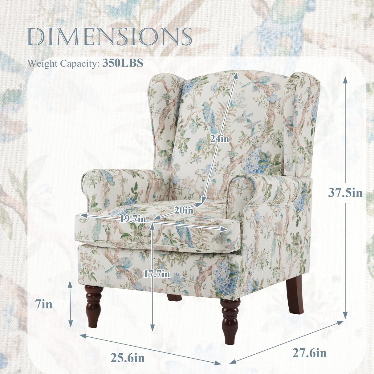 MELLCOM Floral Accent Chair, High Back Upholstered Armchair with Solid Legs, Leisure Single Sofa Chair for Living Room, Bedroom, Home Office, Light Blue Floral&Bird MELLCOM