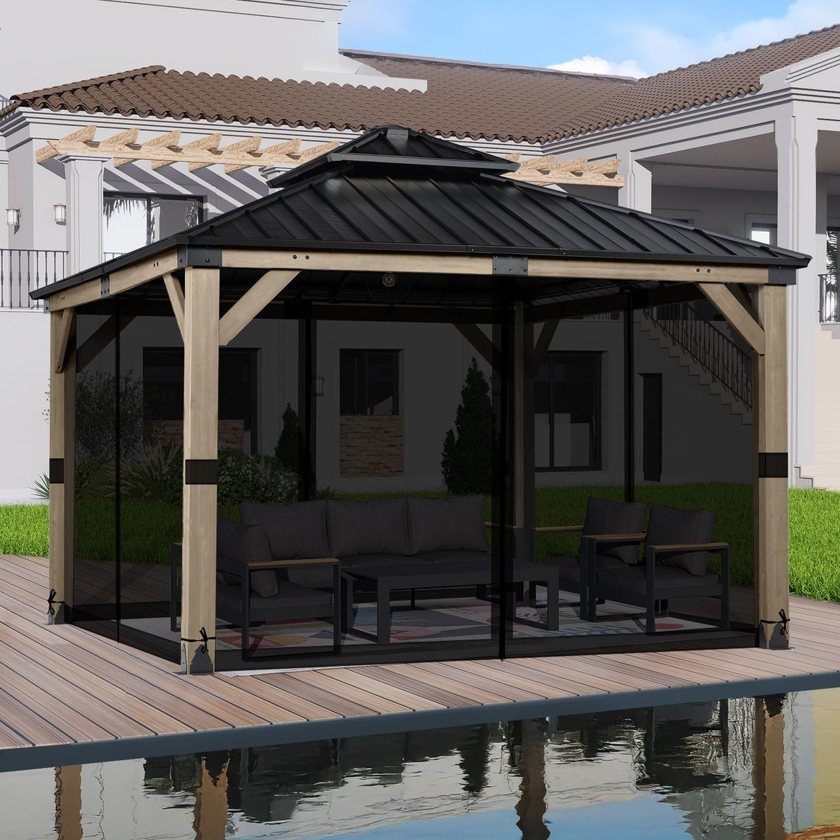 BPS 12' x 12' Gazebo Universal Mosquito Netting Screen Replacement, 4-Panel Screen Walls with Double Zippers for Outdoor Patio, Black (Mosquito Net Only) BPS