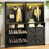 Farmhouse Shoe Storage Cabinet with 2 Flip Drawers & Coat Rack, LED Light, Hall Tree with Hidden Shoe Cabinet, Freestanding Shoes Organizer Cabinet for Entryway, Hallway, and Living Room, Black RALGEND