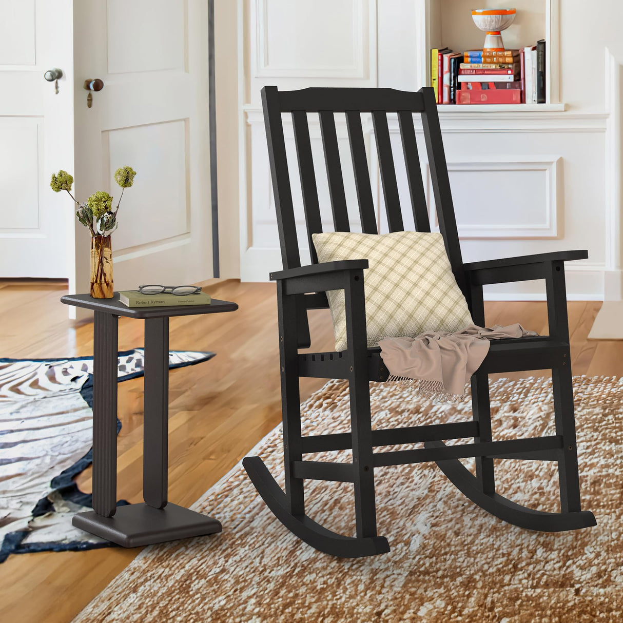 Cozyman Outdoor Rocking Chairs Set of 2, Acacia Wood Rocking Chairs, Patio Rocker Chair with Wide Seats, Black Cozyman