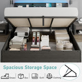 Albott King Size Lift Up Storage Bed Frame, Modern RGB LED Light Platform Bed Frame with Charging Station/Linen Upholstered Headboard/No Box Spring Needed, Black Albott