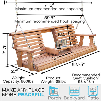 Porchgate Amish Heavy Duty 800 Lb Rollback Console Treated Porch Swing with Hanging Chains (Cedar Stain) - WoodArtSupply