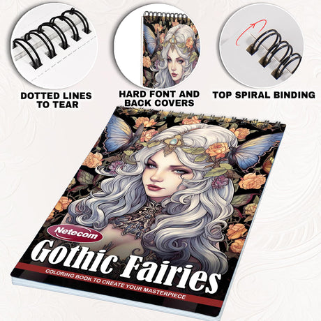 Netecom Gothic Fairies Coloring Book for Adults, Spiral Bound Edition, Softcover, 30 Intriguing Coloring Pages of Dark Fairy for Stress Relief and Relaxation Netecom