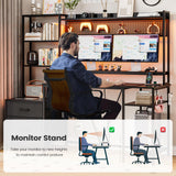 UPOSOJA Gaming Desk with Hutch, 65in Reversible Computer Desk with Power Outlets LED Light, Home Office Desk with Monitor Stand 2 Drawers 4 Storage Shelves Pegboard 8 Hooks Mouse Pad (Black) UPOSOJA