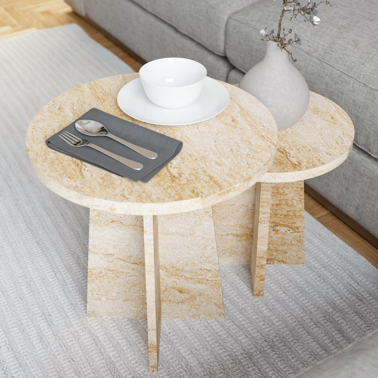 Travertine Efect Round Nesting Coffee Table Set of 2 Modern Coffee Table Small Side Table End Table for Living Room noadre