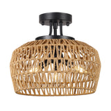 HMVPL Semi Flush Mount Ceiling Light, Rattan Light Fixture Ceiling Mount with Handmade Wicker Lampshade, 3-Lights Boho Chandelier, Woven Close to Ceiling Light for Bedroom Hallway Living Room Kitchen HMVPL