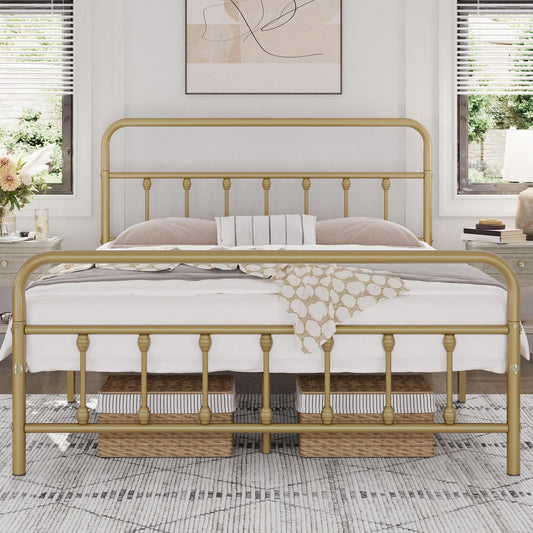 Yaheetech Antique Gold Victorian Metal Platform Bed Frame with Storage and High Headboard