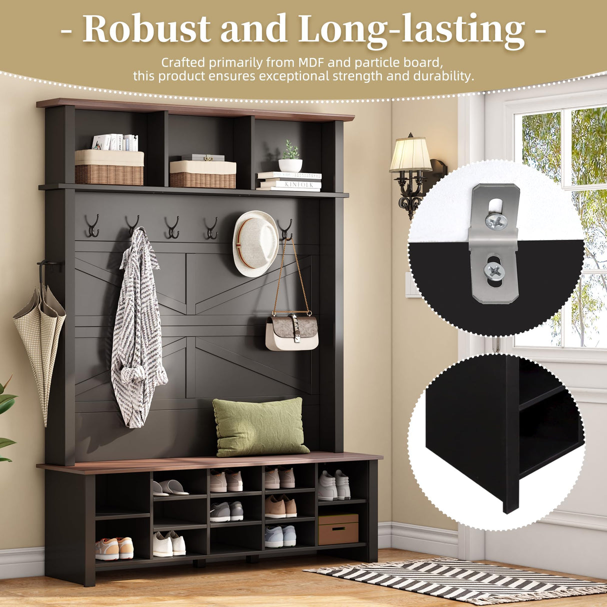 Merax Wood Rustic Hall Tree Entryway Bench with 6 Hooks and Adjustable Shelves, Farmhouse Mudroom Versatile Coat Racks with 16 Open Compartments, Entrance Organizer for Hallway Black Merax