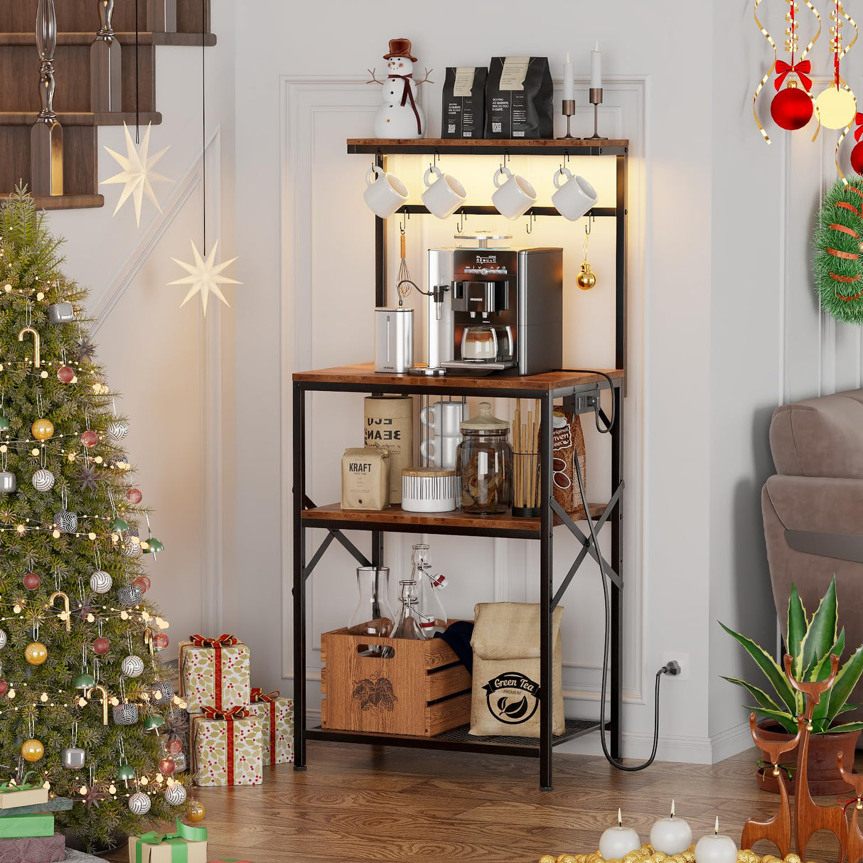 Kitchen Bakers Rack with Power Outlet & LED Lights, Small Coffee Bar Table with Adjustable Storage Shelf, 4 Tiers Microwave Stand with 8 Hooks, Coffee Station for Appliance Organizer, Rustic Brown Korfile