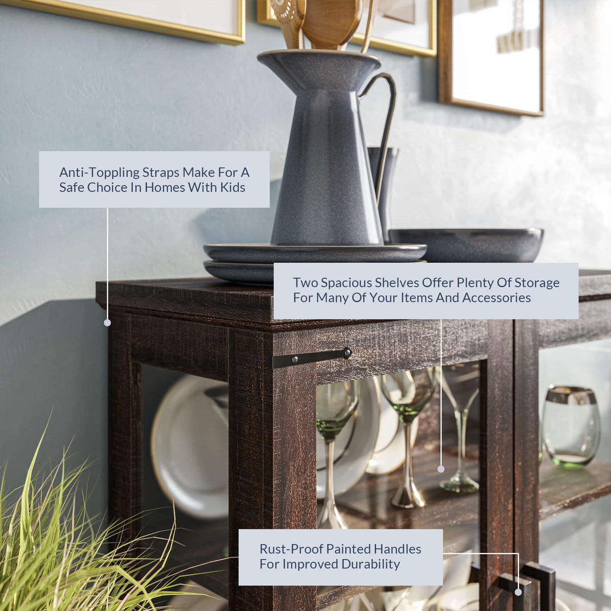 BELLEZE 014-HG-41009-CB-ESP Storage Shelves Doors Glass Display Pantry Organizer 3 Tiers Curio Hutch Cabinet for Entryway Living Room Hallway Kitchen-Ashford (Espresso) BELLEZE