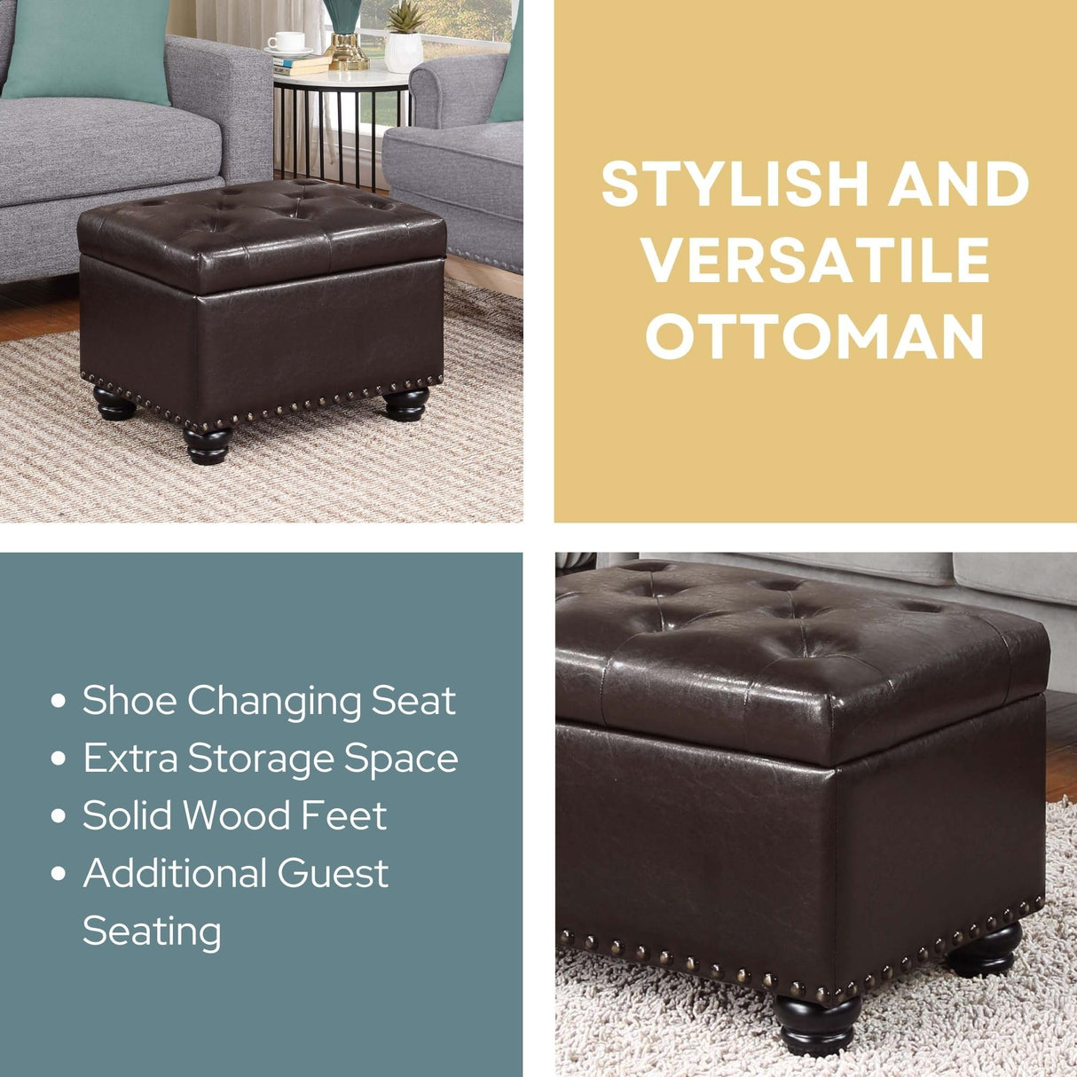 Convenience Concepts Designs4Comfort 5th Avenue Storage Ottoman 24" Contemporary Foot Stool and Seat with Hinged Lid for Living, Dining Room, Office, Den, Dark Espresso Convenience Concepts