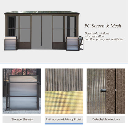 Domi 10x14FT Wall Mounted Sunroom Gazebo, Aluminum Enclosed Gazebo with 2 Lockable Sliding Doors,Sloping Polycarbonate Roof&Moveable PVC Screen, Outdoor Sun Room Lean to Gazebo for Deck Patio