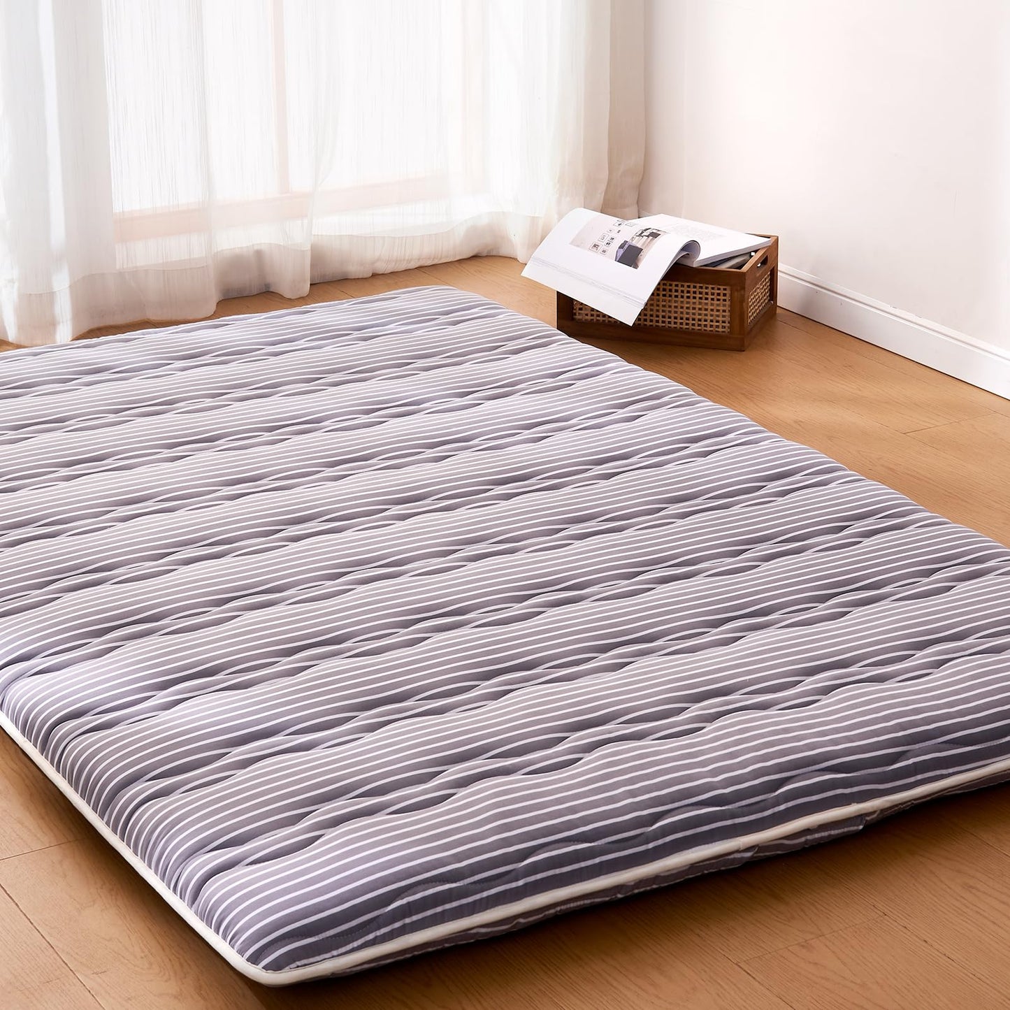 jzbearapt Japanese Floor Mattress, Futon Mattress Foldable, 100% High-Density Premium Foam, Thicken Tatami Mat Portable Dormitory Sleeping Pad, Twin Size 80" X 39", Grey Stripes - WoodArtSupply