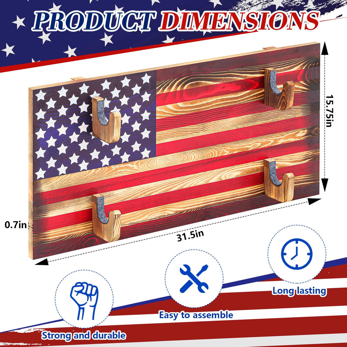 Colingmill Wall Mount Gun Rack Indoor Gun Rack for 2 Guns Wooden Gun Display Rack Wood Gun Storage Shelf with Flag Background Guns Wall Holder for Guns, Bows and Arrows Colingmill