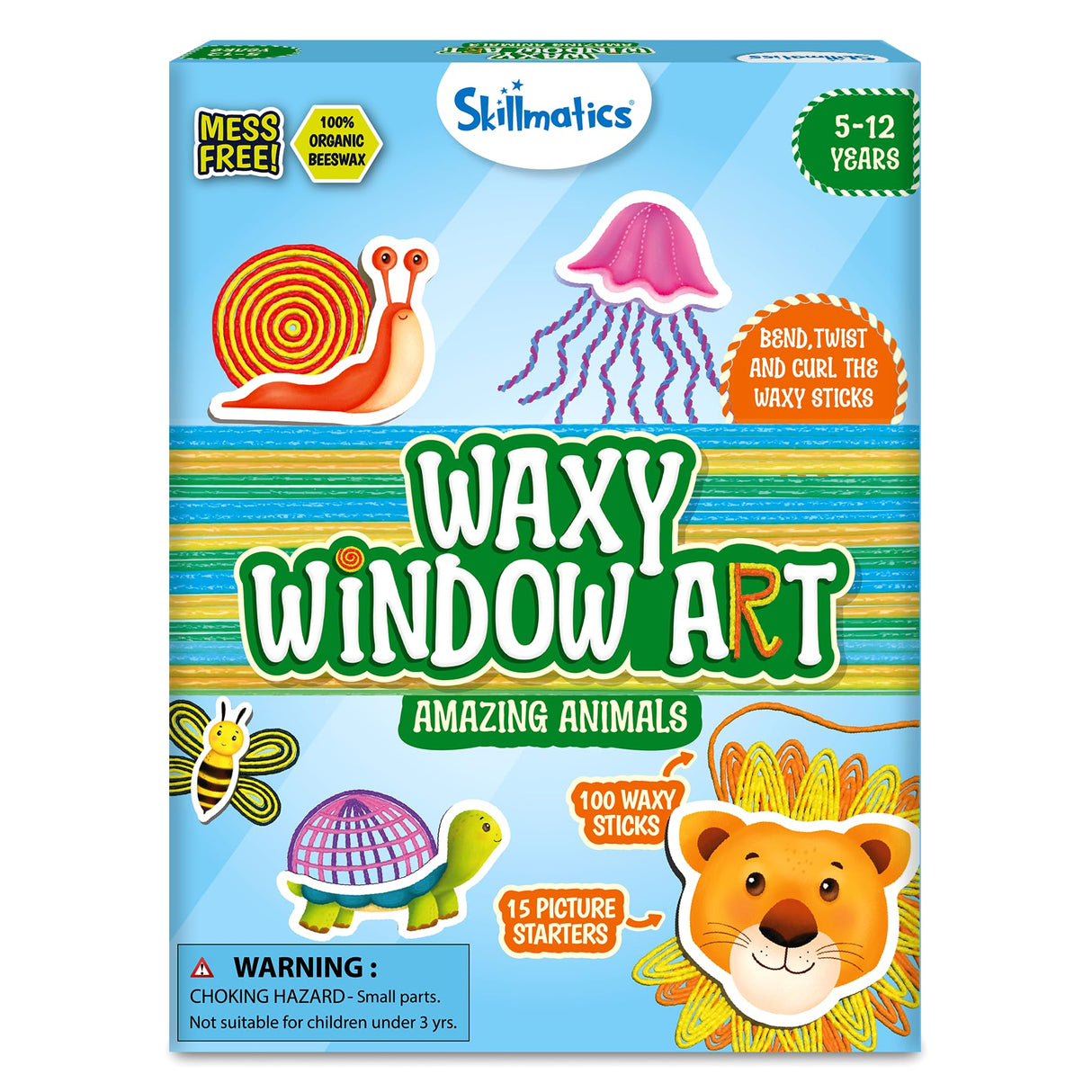 Skillmatics Waxy Window Art - 100 Bendable Waxy Sticks for Mess-Free DIY Fun, Reusable 100% Organic Beeswax Craft Kit, Travel Friendly, Creative Gifts for Girls & Boys Ages 5, 6, 7, 8, 9, 10, 11, 12 Skillmatics